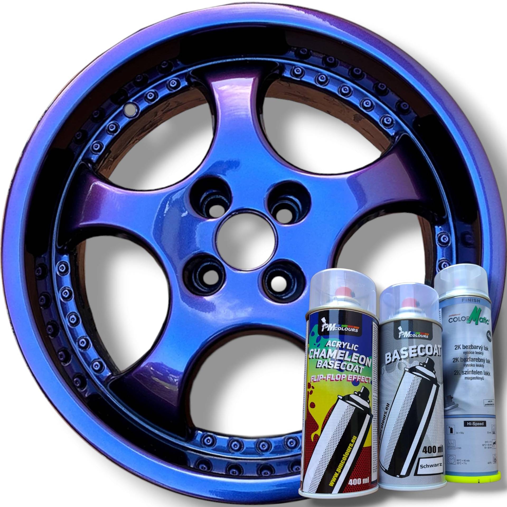 PMcolours Flip Flop Lack mit Multi Color GALAXY (blau-lila-rot-gelb) Chamäleon-Effekt Sprühset, (1x Flip Flop Sprühfarbe + 1x Basisspray Schwarz + 1x 2K-Klarlack), 3x Spray, 1300ml von PMcolours
