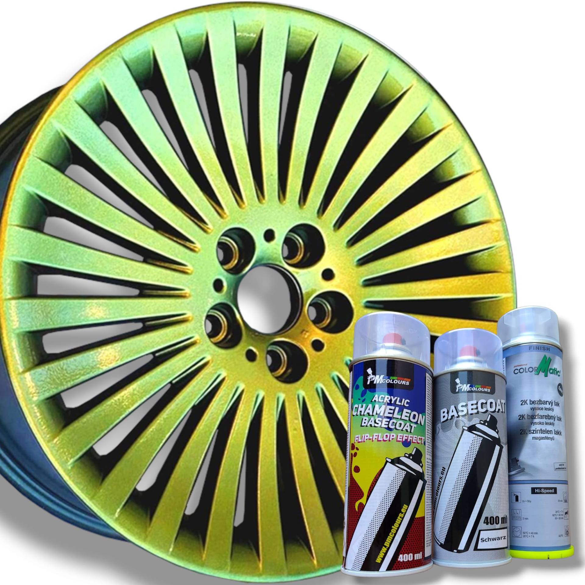 PMcolours Flip Flop Lack mit Multi Color GOLD (gold-grün) Chamäleon-Effekt Sprühset, (1x Flip Flop Sprühfarbe + 1x Basisspray Schwarz + 1x 2K-Klarlack), 3x Spray, 1300ml von PMcolours
