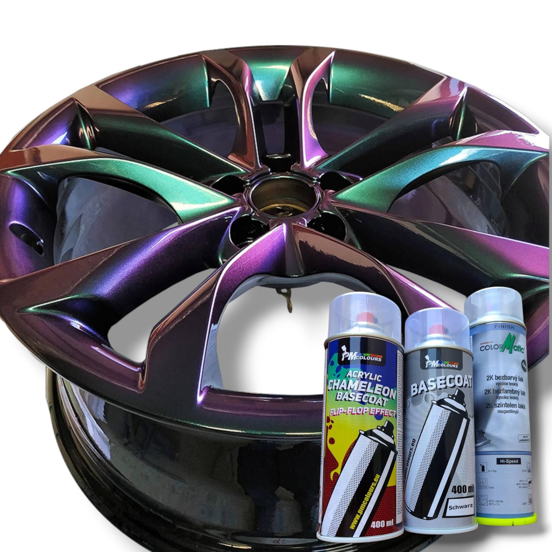 PMcolours Flip Flop Lack mit Multi Color GRÜN (grün-blau-violett) Chamäleon-Effekt Sprühset, (1x Flip Flop Sprühfarbe + 1x Basisspray Schwarz + 1x 2K-Klarlack), 3x Spray, 1300ml von PMcolours