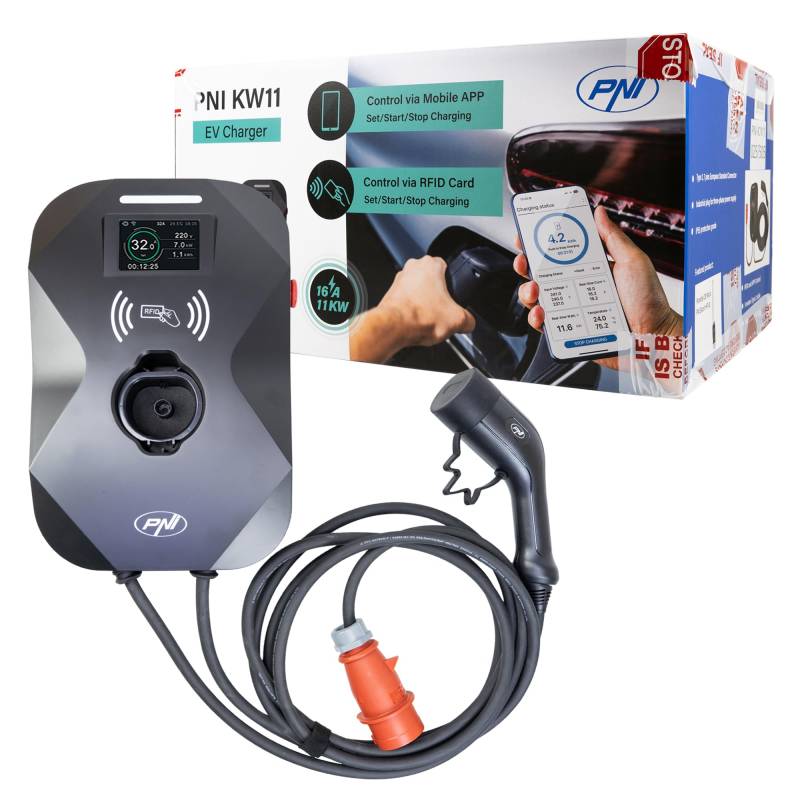 PNI KW11 16A, 11KW Ladestation, für Elektroautos, 85V - 415V, dreiphasig, 7-poliges Typ2-Kabel, 3,5 Zoll Bildschirm, mit Bluetooth, Anwendungssteuerung und RFID-Karte, IP55 von PNI
