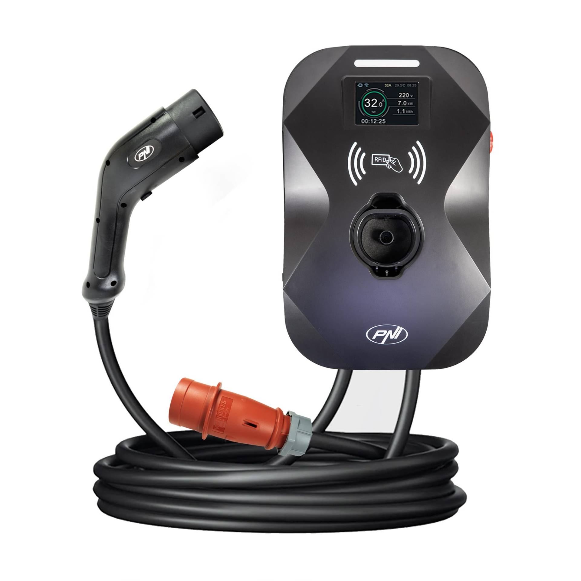 PNI KW22 32A, 22KW Ladestation, für Elektroautos, 85V – 415V, dreiphasig, Typ 2 Kabel mit 7 Pins, 3,5 Zoll Bildschirm, mit Bluetooth, App-Steuerung und RFID-Karte, IP55 von PNI