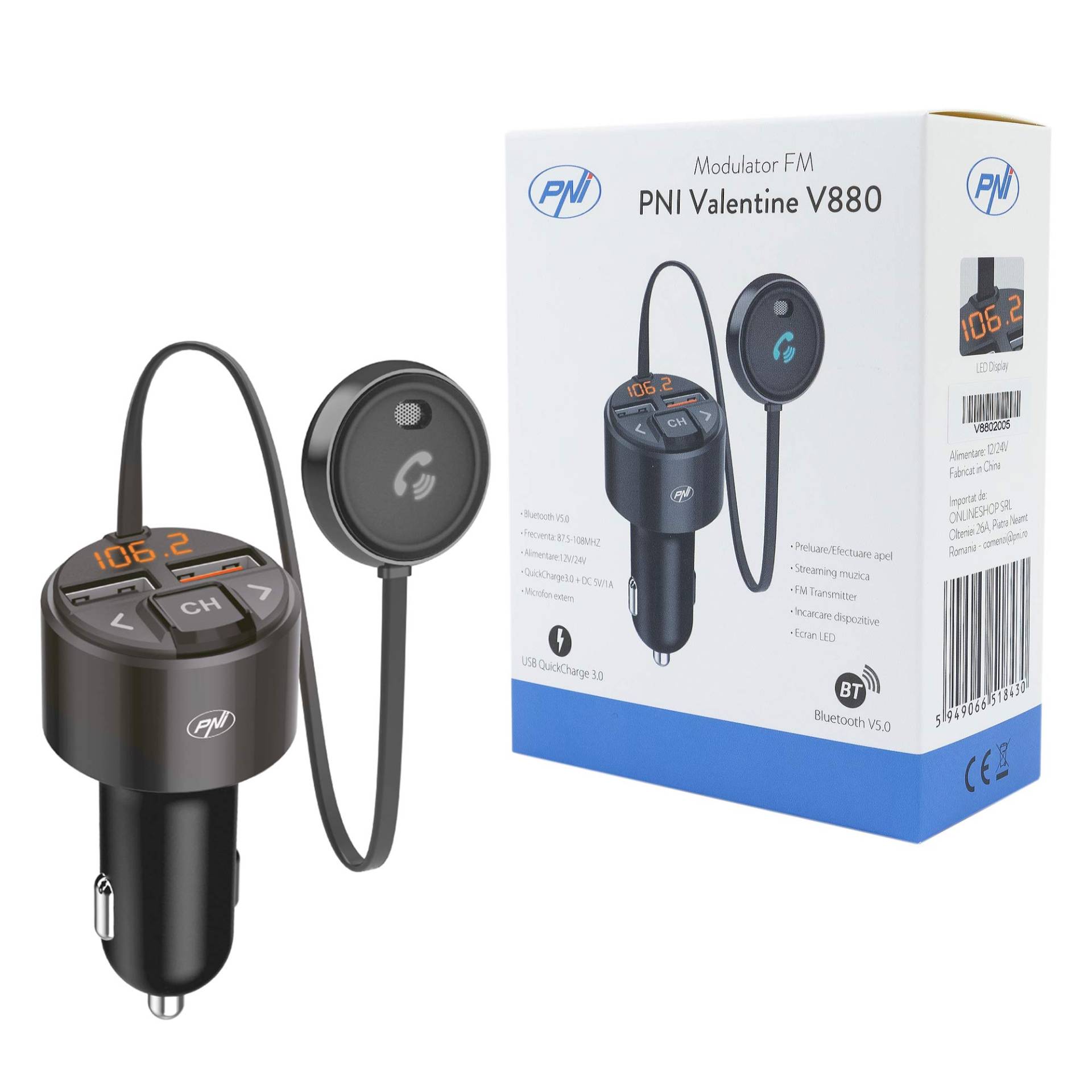 PNI Valentine V880 FM Modulator mit Mikrofon, Bluetooth 5.0, MP3 Player, FM Sender, Zwei USB Anschlüssen, schnelles Aufladen mobiler Geräte über QC3.0, kompatibel mit Siri und Google Assistant von PNI