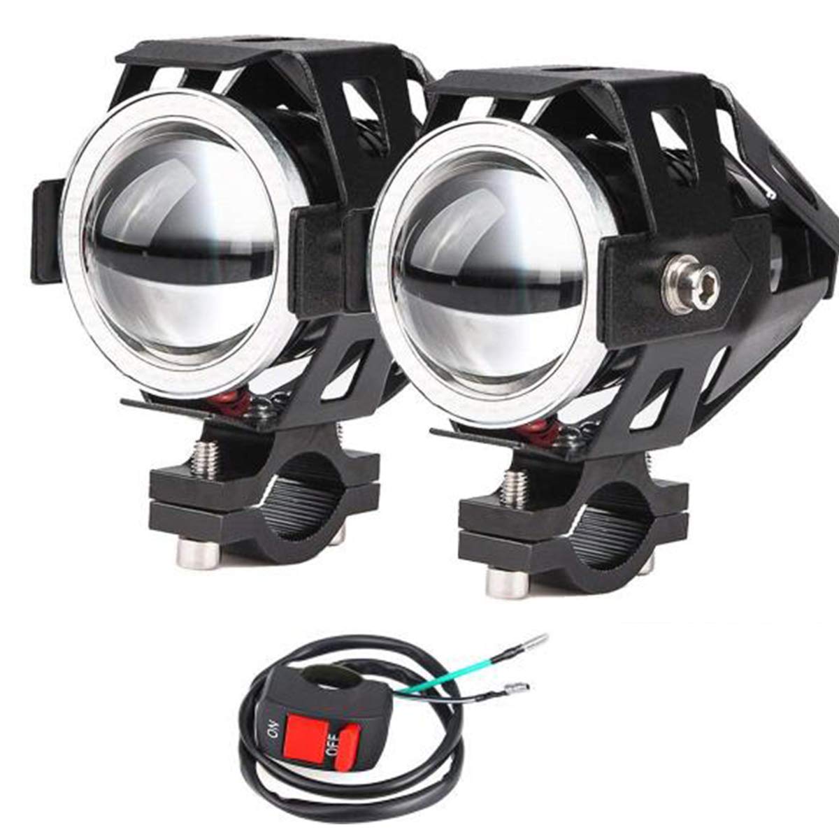 2x Motorrad Scheinwerfer mit Angel Eyes Lichter U7 DRL Nebelscheinwerfer für Autos Fahrrad Boot ATV Scheinwerfer vorne High/Dim/Strobe 3 Modi 3500K blaue Farbe enthalten Schalter von POCKETMAN