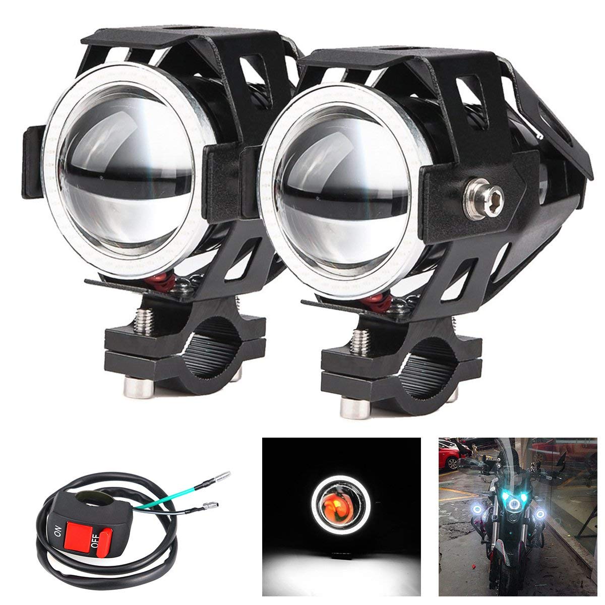 2x Motorradscheinwerfer U7 DRL Nebelscheinwerfer mit Angel Eyes Lichter für Autos Fahrradboot ATV- Scheinwerfer für Fernlicht High/Dim/Strobe 3 Modi enthalten 1x Schalter 30W 6500K von POCKETMAN