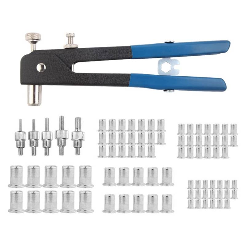 POIU 86-teiliges Nietmutter-Werkzeug-Set, Nietpistole, Schwerlast-Handnietzange Set mit M3/M4/M5/M6/M8 Gewindenietmutter und Spanndorn, für Möbel, Auto, Heimwerker von POIU