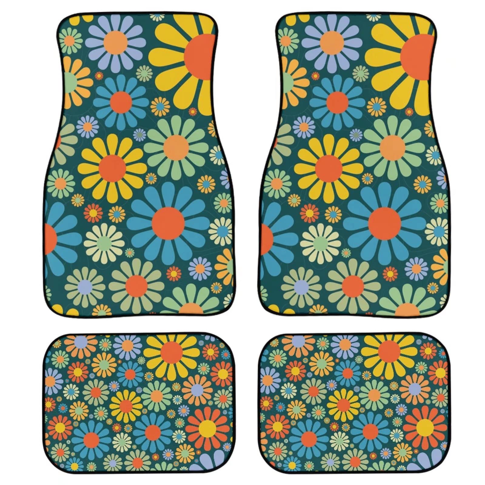 POLERO Abstrakte Hippie-Blumen-Auto-Fußmatten für Frauen, niedliche Gänseblümchen-Automatten, 4 rutschfeste Automatten mit bunten Blumen von POLERO