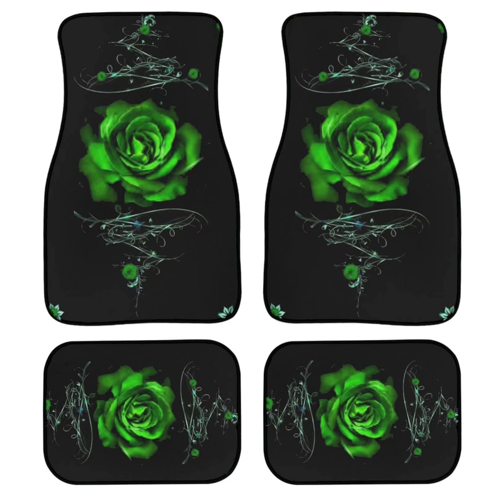 POLERO Auto-Fußmatten mit grünen Rosen für Damen und Herren, Rosenmuster, 4 Stück, für vorne und hinten von POLERO