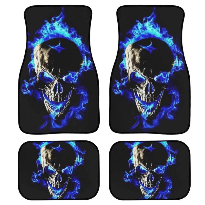 POLERO Blue Fire Skull Auto-Fußmatten für Männer und Frauen, coole Skelett-Automatten, 4 Stück, universell passend für die meisten Fahrzeuge von POLERO
