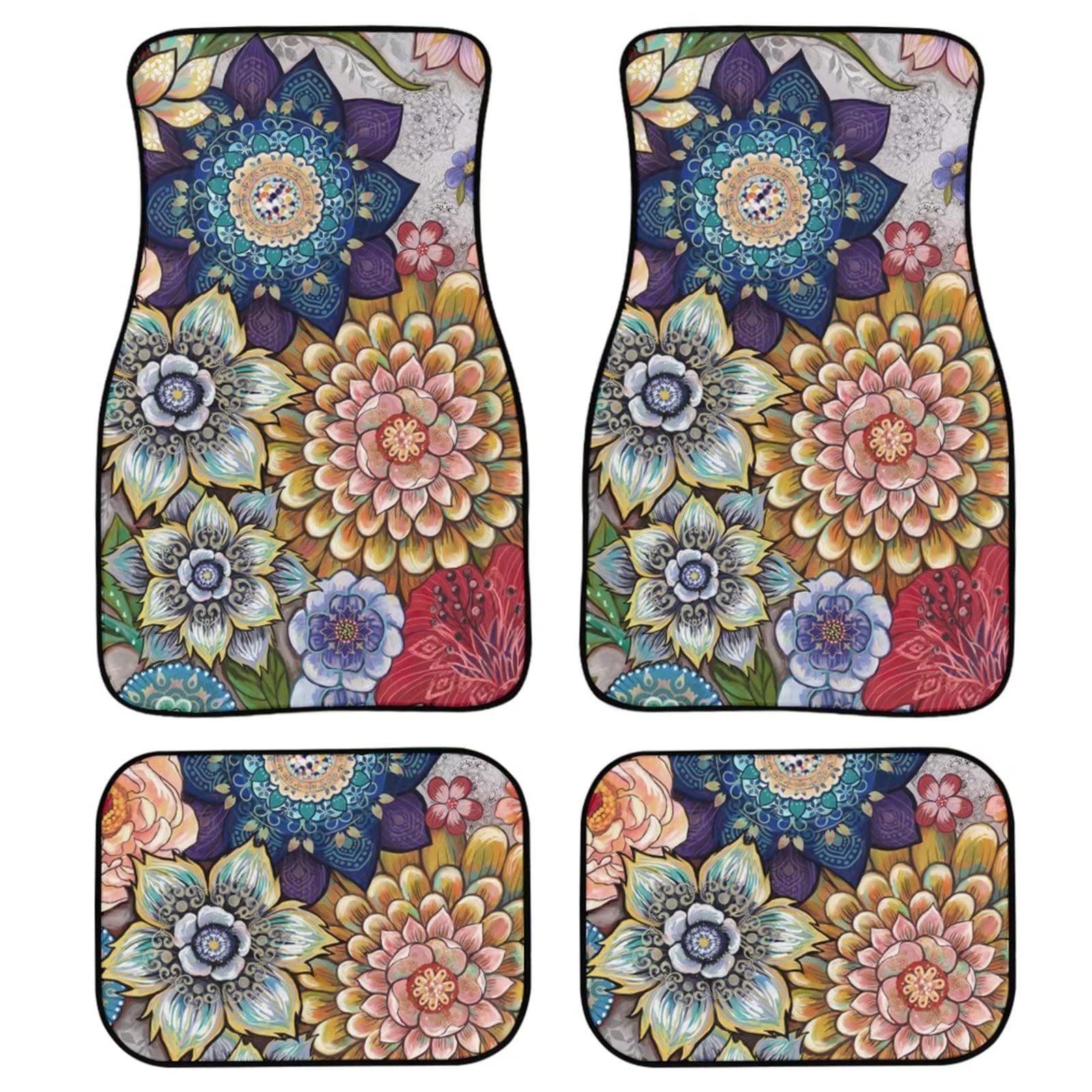 POLERO Boho-Auto-Fußmatten für Damen, Bohemian-Blumenmuster, 4 Stück, universelle Passform, rutschfeste Auto-Fußmatten von POLERO