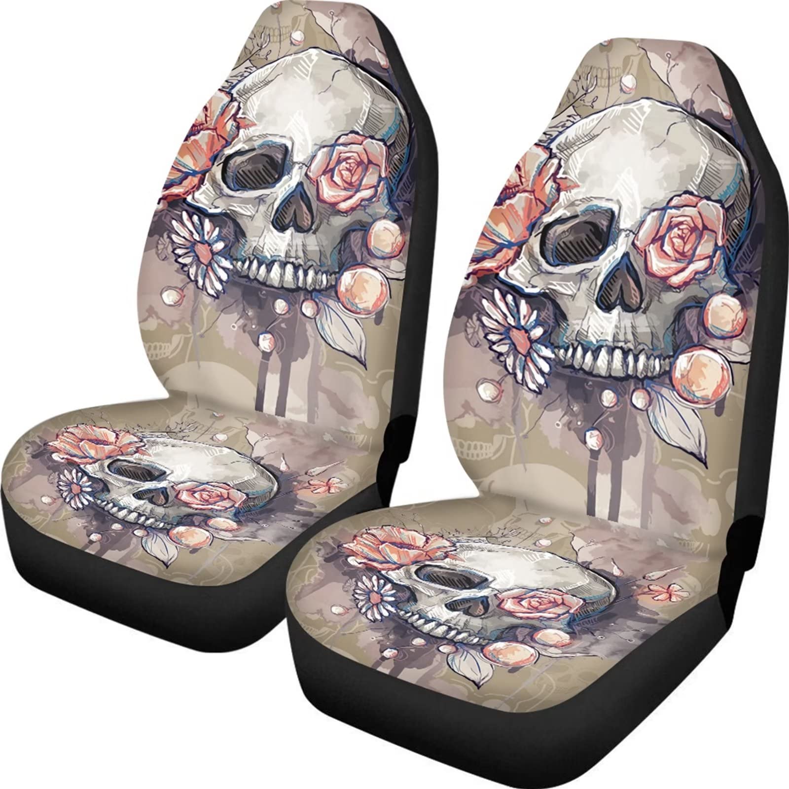 POLERO Gothic Floral Skull Autositzbezüge für Frauen Gothic Skelett Auto Vordersitzschoner 2 Stück von POLERO