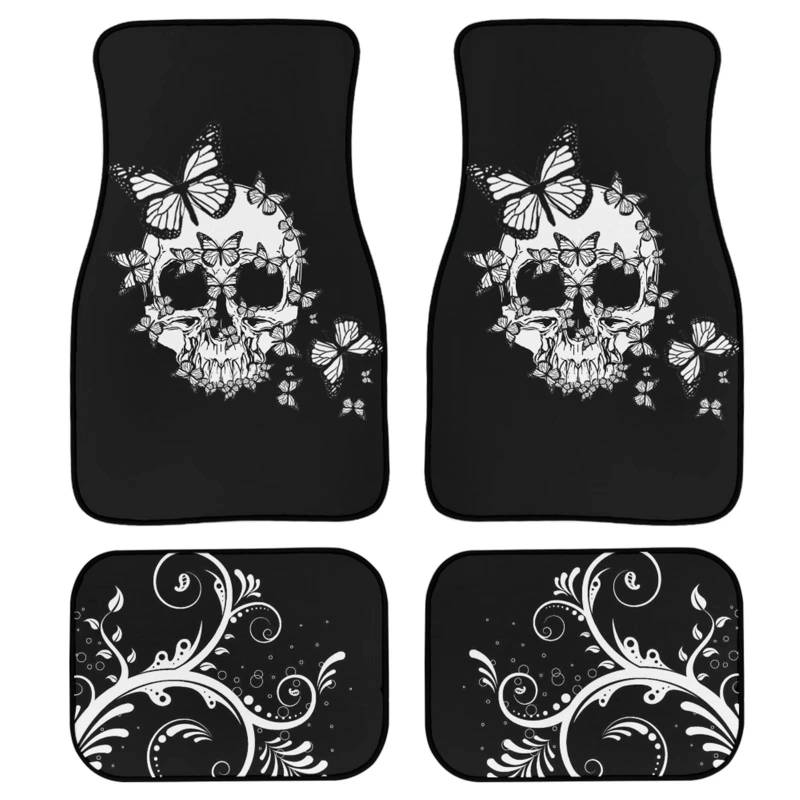 POLERO Sugar Skull Auto-Fußmatten für Damen, Totenkopf, Schmetterling, Auto, vorne und hinten, universelle Passform von POLERO