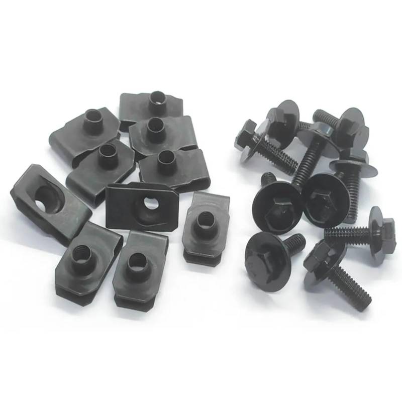 POMUHYE Gewindeschrauben 10 Sätze Von General Parts, Schwarzes Metall U-Typ-Clips M6 6 Mm Reed-Muttern Nummernschild-Clip Und Sechskantschrauben Mit Polster Motorrad-Verkleidungsset von POMUHYE