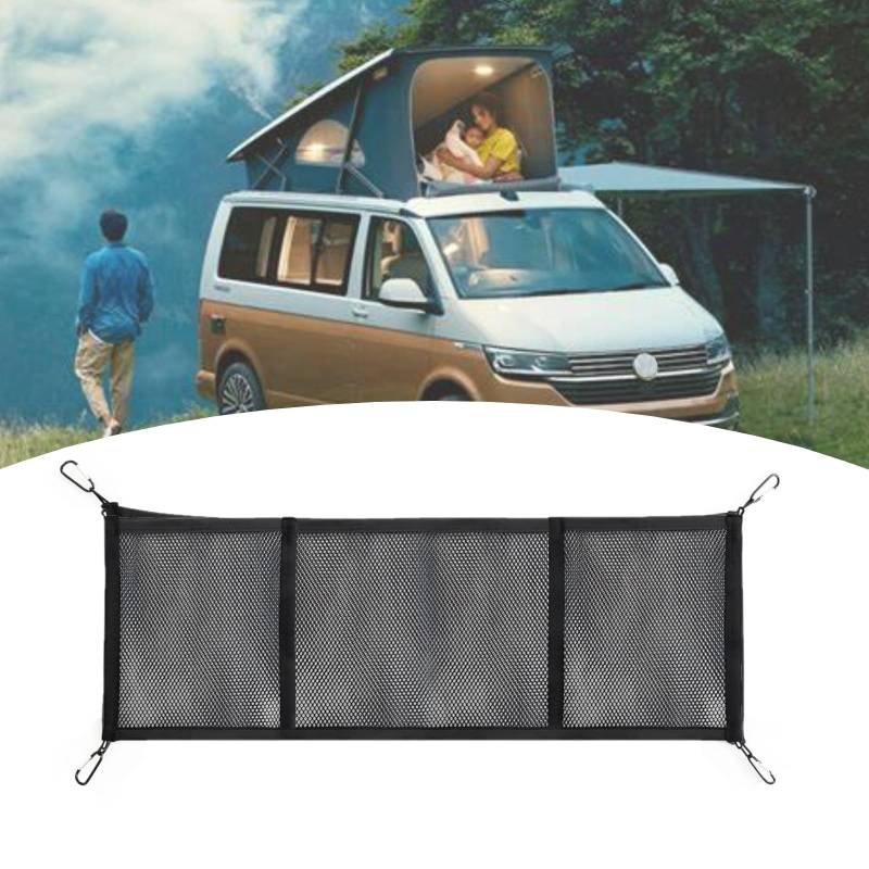 POPUBBY Gepäcknetz Wohnmobil Aufbewahrungs Netz für VW T5 T6 Aufstelldach, Elastisches Nylon Netztasche Wohnmobile Dach Gepäck-Netz mit 4 Haken für VW T5 T6 Bulli Multivan California Beach Caravelle von POPUBBY