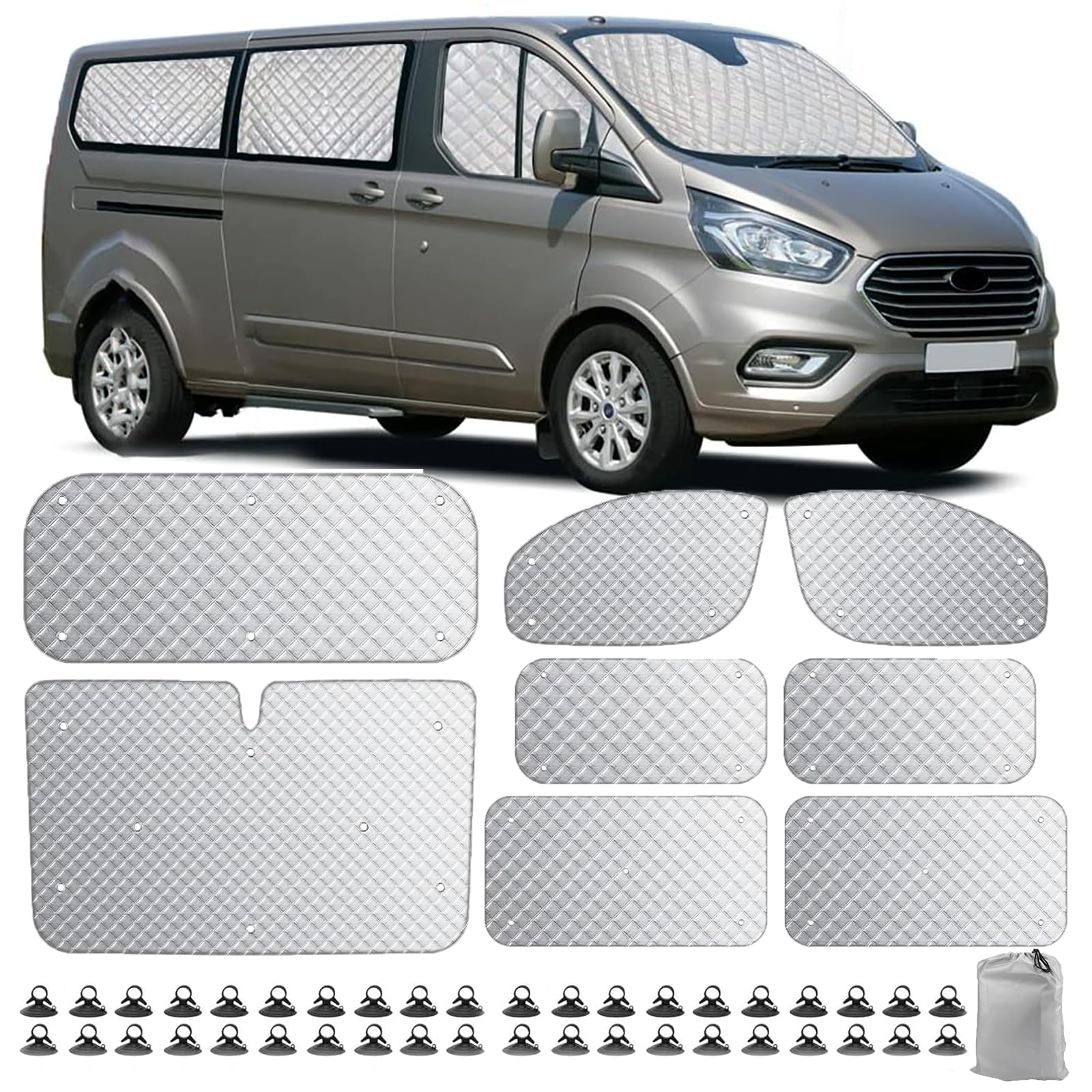 POPUBBY Sonnenschutz Windschutzscheibe Auto für Ford Transit Custom LWB 2012-2024, 8 STK Wohnmobile Thermomatte Fahrerhaus Innen UV-Proof Sonnenschutz Auto Frontscheibe Schnee Frontscheibenabdeckung von POPUBBY