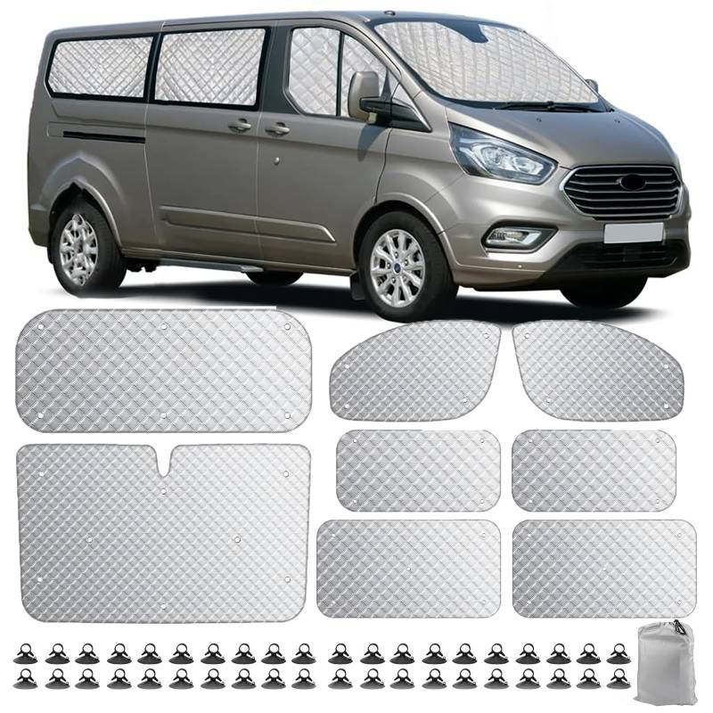 POPUBBY Sonnenschutz Windschutzscheibe Auto für Ford Transit Custom LWB 2012-2024, 8 STK Wohnmobile Thermomatte Fahrerhaus Innen UV-Proof Sonnenschutz Auto Frontscheibe Schnee Frontscheibenabdeckung von POPUBBY
