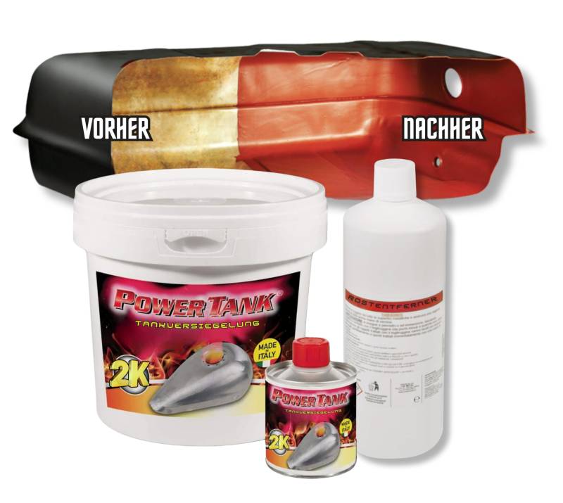 POWER TANK - Tankversiegelung Motorrad 2k Rot 2,5 Kg Set Tankentroster Innen Versiegelung Tanksanierung Schutzemulsion Rost Tank Entrosten Und Versiegeln Tankinnenlack Tankbeschichtung Rostlöser Auto von POWER TANK