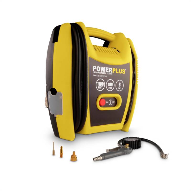 Powerplus Kompressor POWX1705 Luftkompressor tragbar mit 3 m Schlauch - Luftkompressor mit Druckluft als Luftpumpe für Fahrrad - 1100W & 8 bar - Mit 8 Kompressor Zubehör Teilen von POWERPLUS