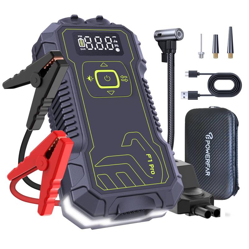 POWERFAR Starthilfe Powerbank 5000A mit 160PSI Kompressor & QC3.0 USB-C Schnellladung - Powerbank Auto Starthilfe 12V (bis 10.0L Benzin / 9.0L Diesel), LED-Taschenlampe 600 Lumen. von POWERFAR