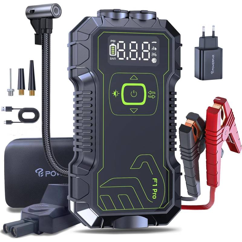 Starthilfe Powerbank mit Luftkompressor 160PSI | 5000A Auto Starthilfe Powerbank 12V für 10.0L Benzin/9.0L Diesel-Motoren | QC3.0 Schnellladung & Verlängerungskabel | LED-Taschenlampe 400 Lumen. von POWERFAR