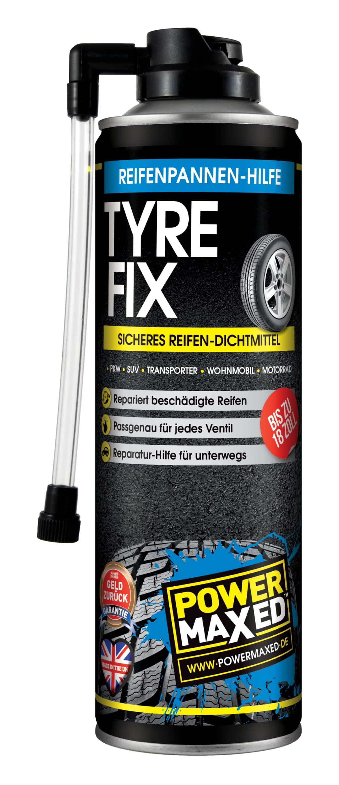 POWERMAXED TYRE-FIX 500ml - Schnelle Reifenpannen-Hilfe bis 18 Zoll | Reifendichtmittel Reifenreparatur Set von POWERMAXED