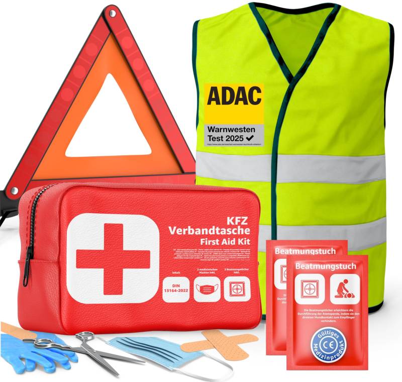 3 in 1 Set Auto Erste Hilfe Kit 2025 - KFZ Verbandskasten, Warnweste & Warndreieck - Pannenset & Unfallzubehör für PKW nach aktueller Norm von POWR CAR