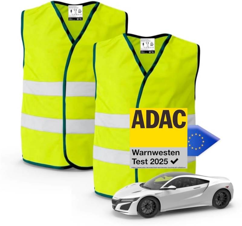 POWR CAR 2X Warnwesten Auto gelb ISO20471 - Pannenweste & 2025 - Unfallweste Pkw Sicherheitsweste Weste Neongelb reflektierend Auto, Pkw, LKW - Autozubehör von POWR CAR