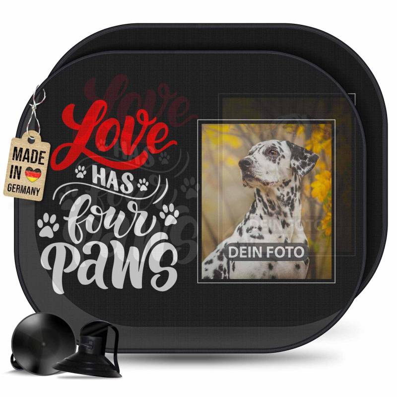 PR Print Royal Auto Sonnenschutz mit Foto selbst gestalten - Love Has Four Paws - Personalisiertes Geschenke für Hundebesitzer, Geburtstag - Sonnenblende für Hunde, 2 Stück von PR Print Royal