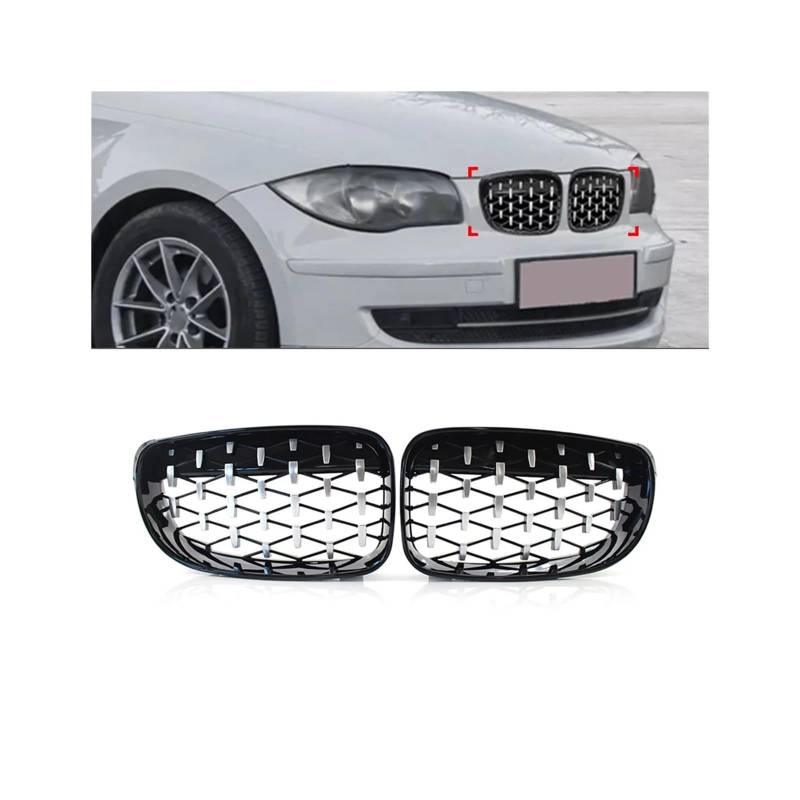 Haubengrill 2 Stücke Für 1Serie E81 E82 E87 E88 Auto Front Nierengrill Diamant Kühlergitter ABS-Kunststoff Vorne Haube Kühlergrill(Chrome Black) von PRFGSGVBV