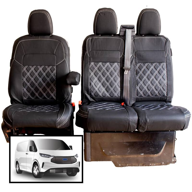 Passend für: Ford Transit Custom Sitzbezüge ab 2024 | Fahrer & Doppel-Beifahrer | Leder-Stil für Mk 2 Ford Transit Custom Sitzbezug 2025 | Kein Zugang zum Tablett von PRIMUS SEAT COVERS