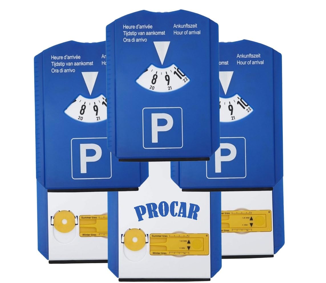 PROCAR Equipment Parkscheibe Auto Deutsche Qualitäts Multifunktions (Parkscheibe mit Uhr, Eiskratzer, Einkaufschip, Reifenprofilmessung und Fensterwischer (3 Stück) von PROCAR