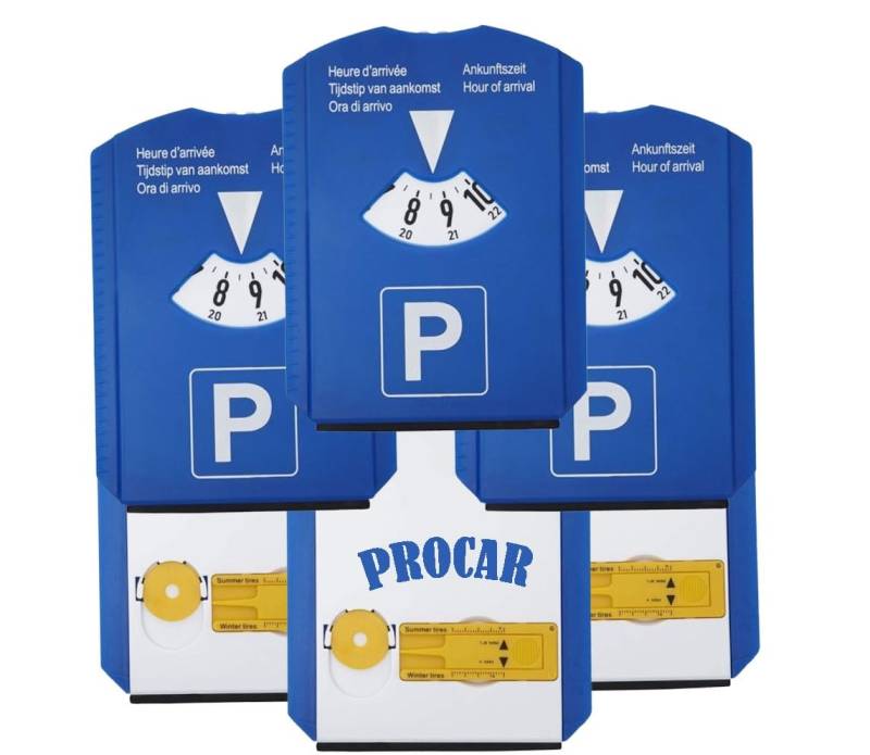 PROCAR Equipment Parkscheibe Auto Deutsche Qualitäts Multifunktions (Parkscheibe mit Uhr, Eiskratzer, Einkaufschip, Reifenprofilmessung und Fensterwischer (3 Stück) von PROCAR