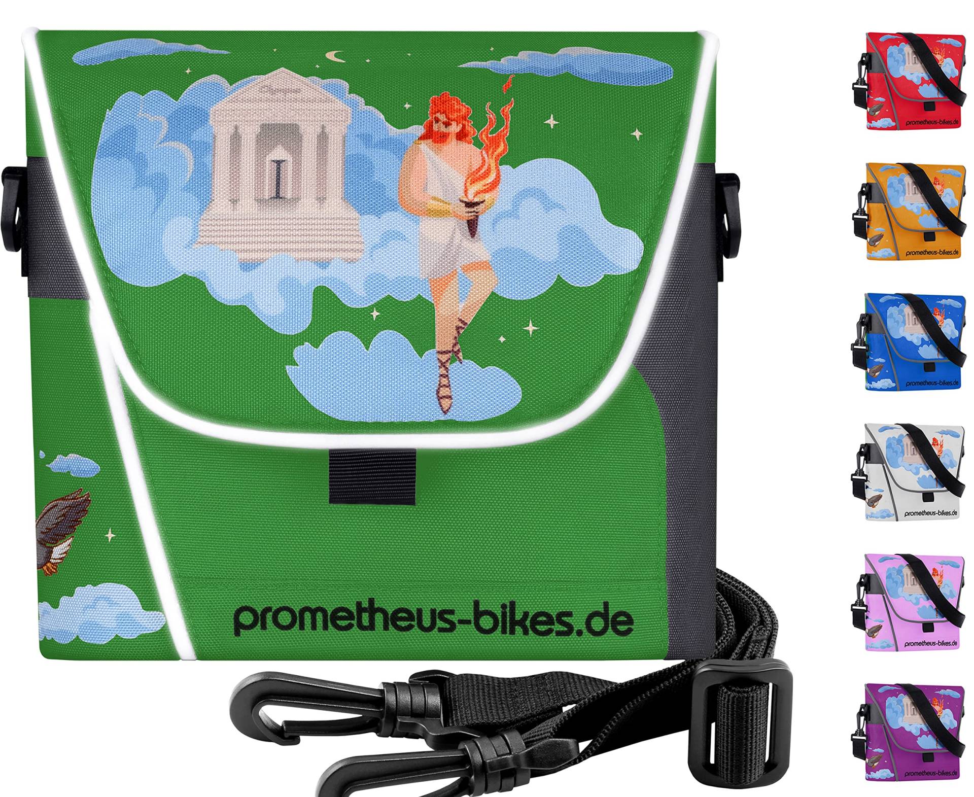 Prometheus Kinder Lenkertasche Kinderfahrrad Lenker Tasche mit Tragegurt und Reflektorstreifen | 3 Riemen Sicherung in Grün von PROMETHEUS BICYCLES