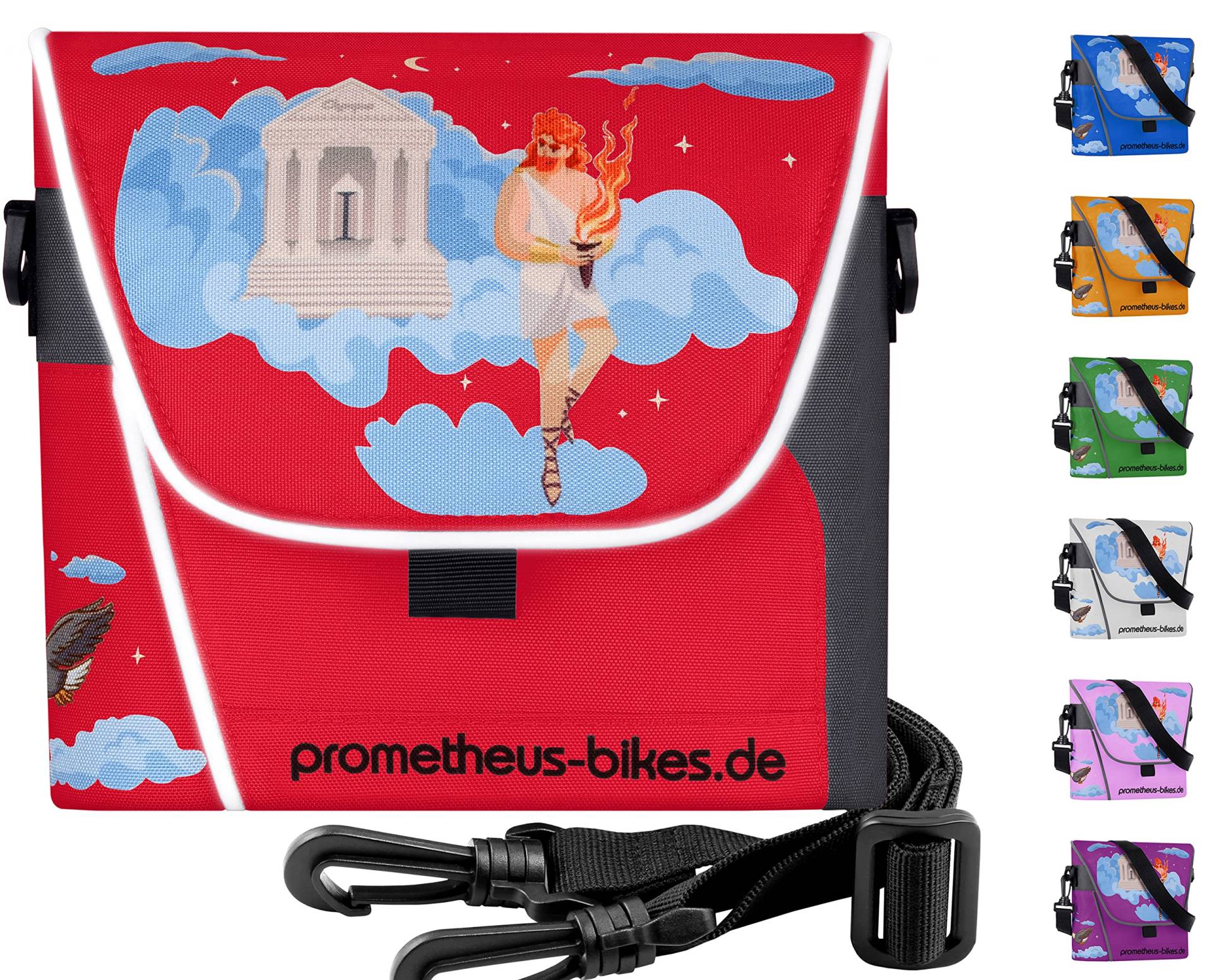Prometheus Kinder Lenkertasche Kinderfahrrad Lenker Tasche mit Tragegurt und Reflektorstreifen | 3 Riemen Sicherung in Rot von PROMETHEUS BICYCLES