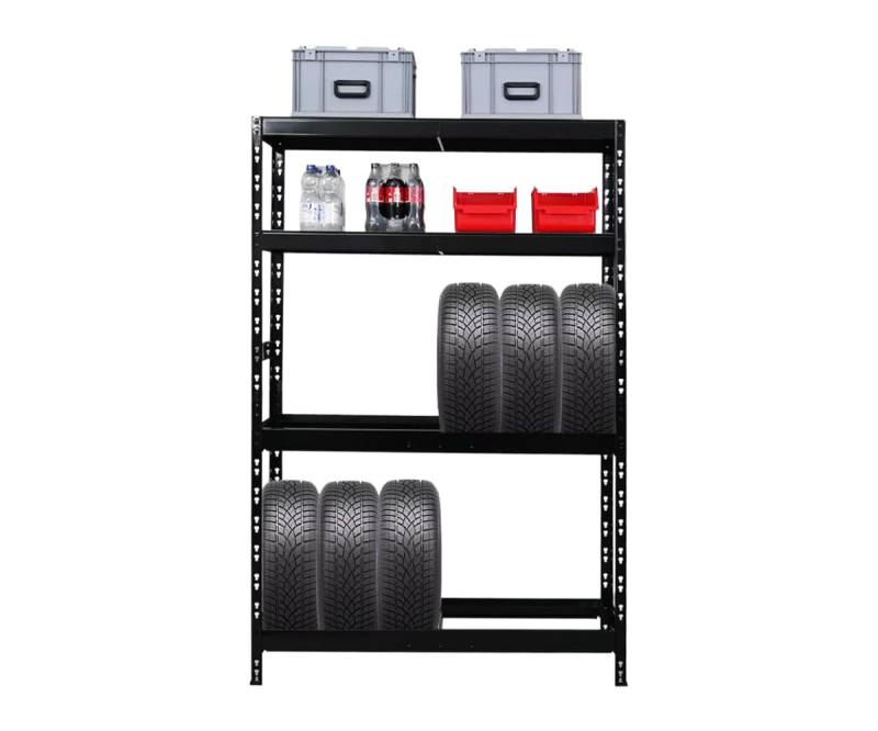 PROREGAL Reifenregal Tiger | HxBxT 180x120x40 cm | bis zu 12 Reifen auf 2 Ebene + 2 Ablagen | Schwarz | Werkstattregal, Lagerregal, Kellerregal von PROREGAL