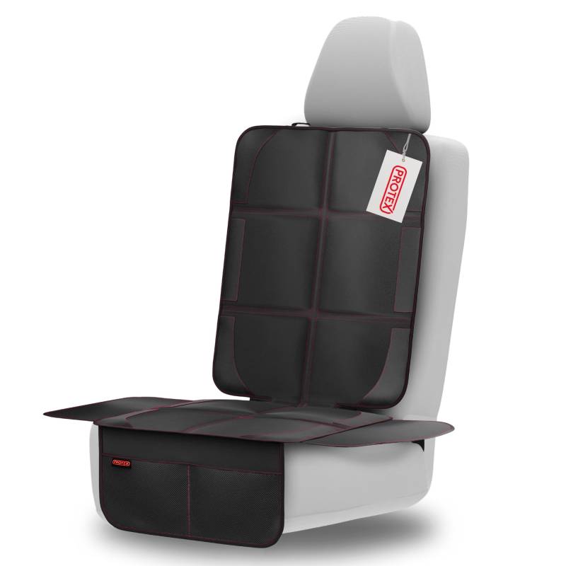 PROTEX Kindersitzunterlage - ISOFIX-geeignet, Anti-RUTSCH-Unterfläche | Wasserabweisender & besonders hochwertiger 600D Stoff mit gepolsteter Sitzfläche (L), (Schwarz mit roten Nähten) von PROTEX