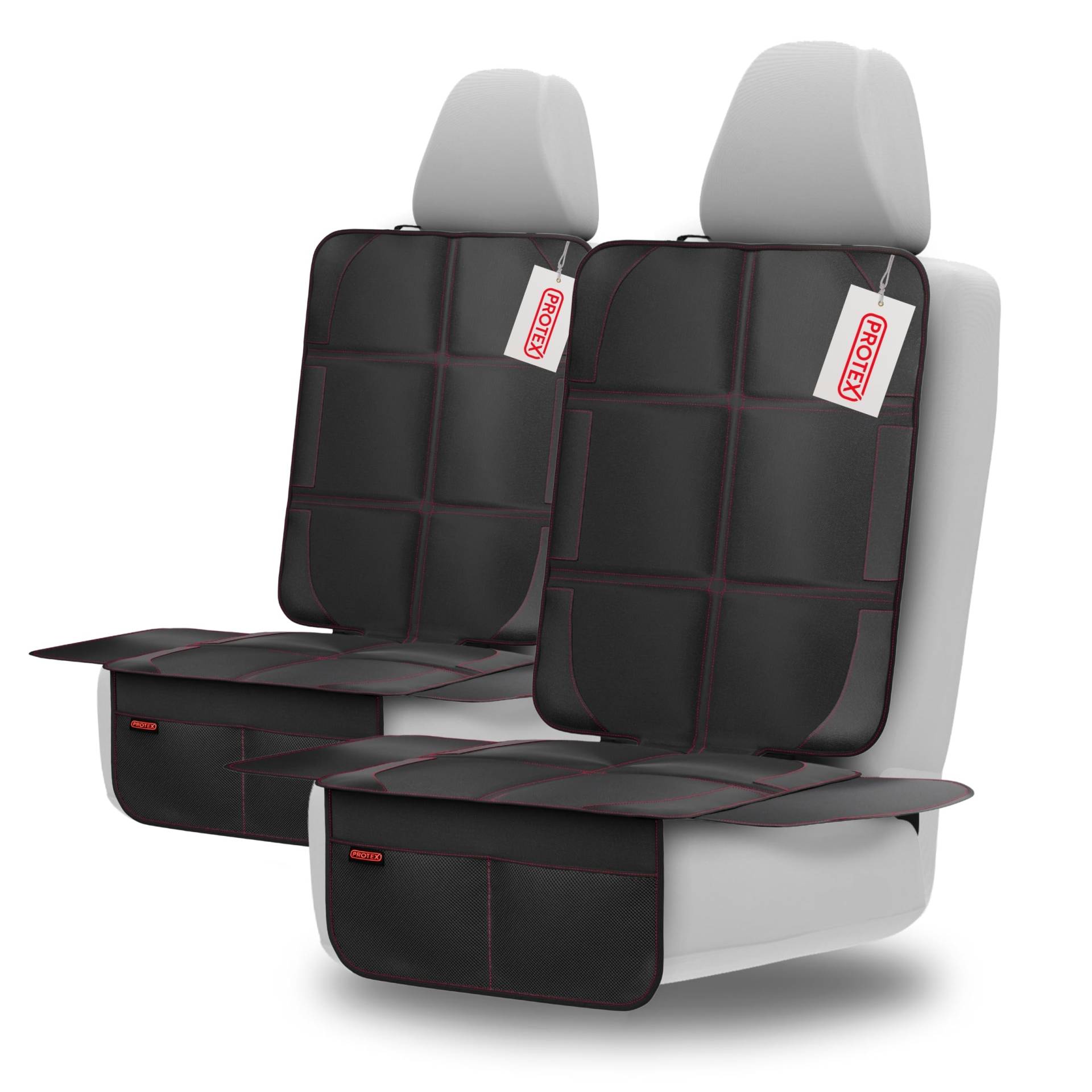 PROTEX Kindersitzunterlage - ISOFIX-geeignet, Anti-RUTSCH-Unterfläche | Wasserabweisender & besonders hochwertiger 600D Stoff mit gepolsteter Sitzfläche (L, 2er Set), (Schwarz mit roten Nähten) von PROTEX