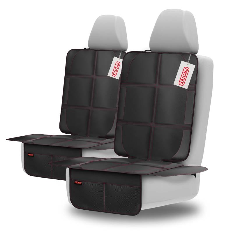 PROTEX Kindersitzunterlage - ISOFIX-geeignet, Anti-RUTSCH-Unterfläche | Wasserabweisender & besonders hochwertiger 600D Stoff mit gepolsteter Sitzfläche (L, 2er Set), (Schwarz mit roten Nähten) von PROTEX