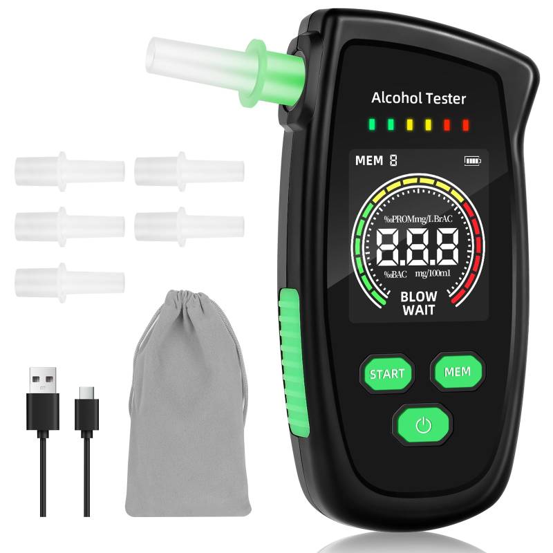 PTUI Tragbarer Alkoholtester zertifiziert – wiederaufladbarer Alkoholtest, tragbar, hochpräziser Alkoholtest mit 5 Mundstücken, hochpräziser Alkoholtester mit Bildschirm für persönliche Tests zu Hause von PTUI