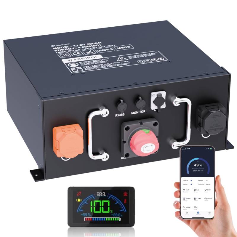 12V 320Ah RV LiFePO4 Lithium Battery, Bluetooth Lithium Battery, 250A BMS, up to 15000 Cycles, Max.4096Wh Energy with Low Temp Cut off, Perfect for RV. with APP Monitoring& LCD Display von PUPVWMHB