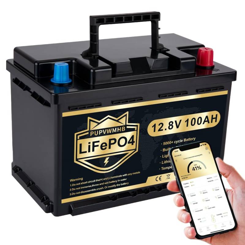 PUPVWMHB LiFePO4 12V 100AH Autobatterie Bluetooth 100A BMS über 5000 Mal Tiefzyklus Lithium Akku 1280W Abschaltschutz bei Niedriger Temperatur für Wohnmobil, Camping, Boot, Solare Heimanlagen von PUPVWMHB