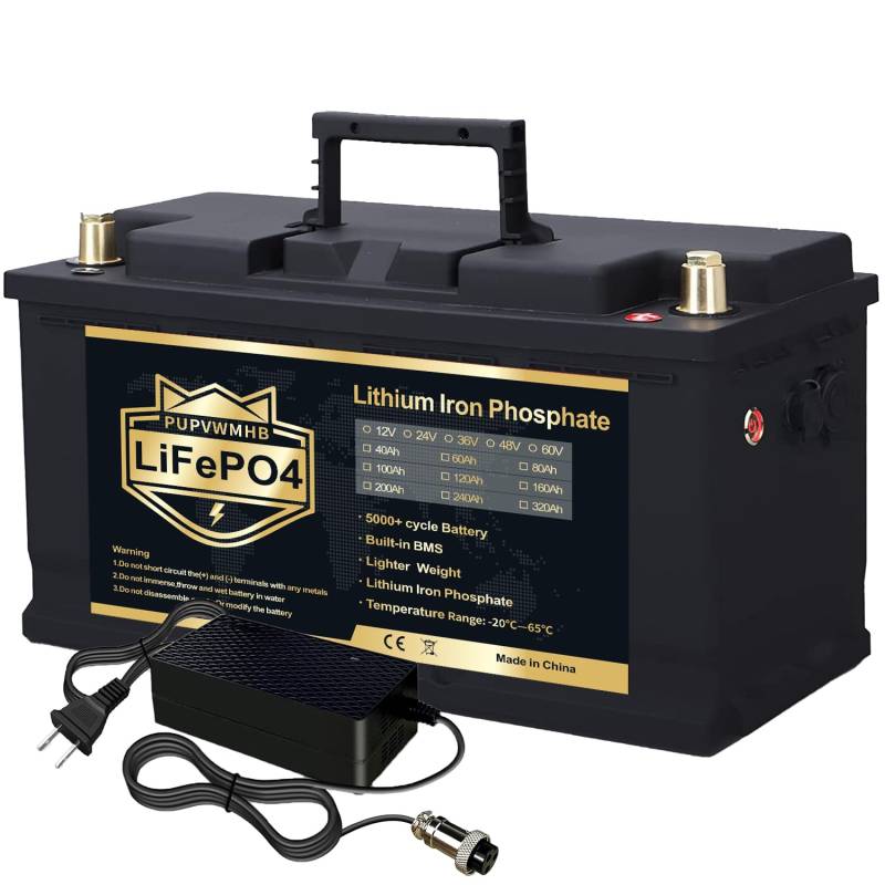 PUPVWMHB LifePO4 Batterie 12V 100Ah 1280Wh LiFePO4 Akku Lithiumbatterie mit BMS 100A, 4000~15000 Lebenszyklen Deep Cycle Akku Wiederaufladbar für Wohnmobile Camper Wohnwagen Boot Solaranlage von PUPVWMHB