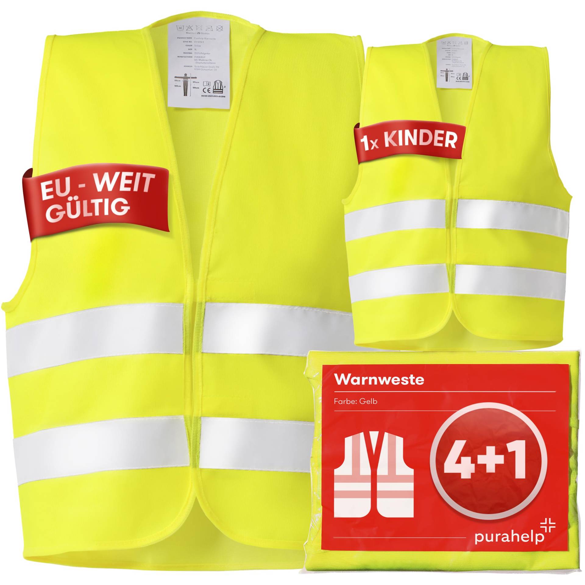 PURAHELP Warnwesten Auto 5er 4+1 Set Europaweit gültig nach EN ISO 20471 - Reflektierende Warnweste Auto inkl. Kinderweste - Sicherheitsweste Auto Warnweste Gelb - Warnschutzweste Sicherheitswesten PURAHELP Warnwesten Auto 5er 4+1 Set Europaweit gültig nach EN ISO 20471 - Reflektierende Warnweste Auto inkl. Kinderweste - Sicherheitsweste Auto Warnweste Gelb - Warnschutzweste Sicherheitswesten von PURAHELP
