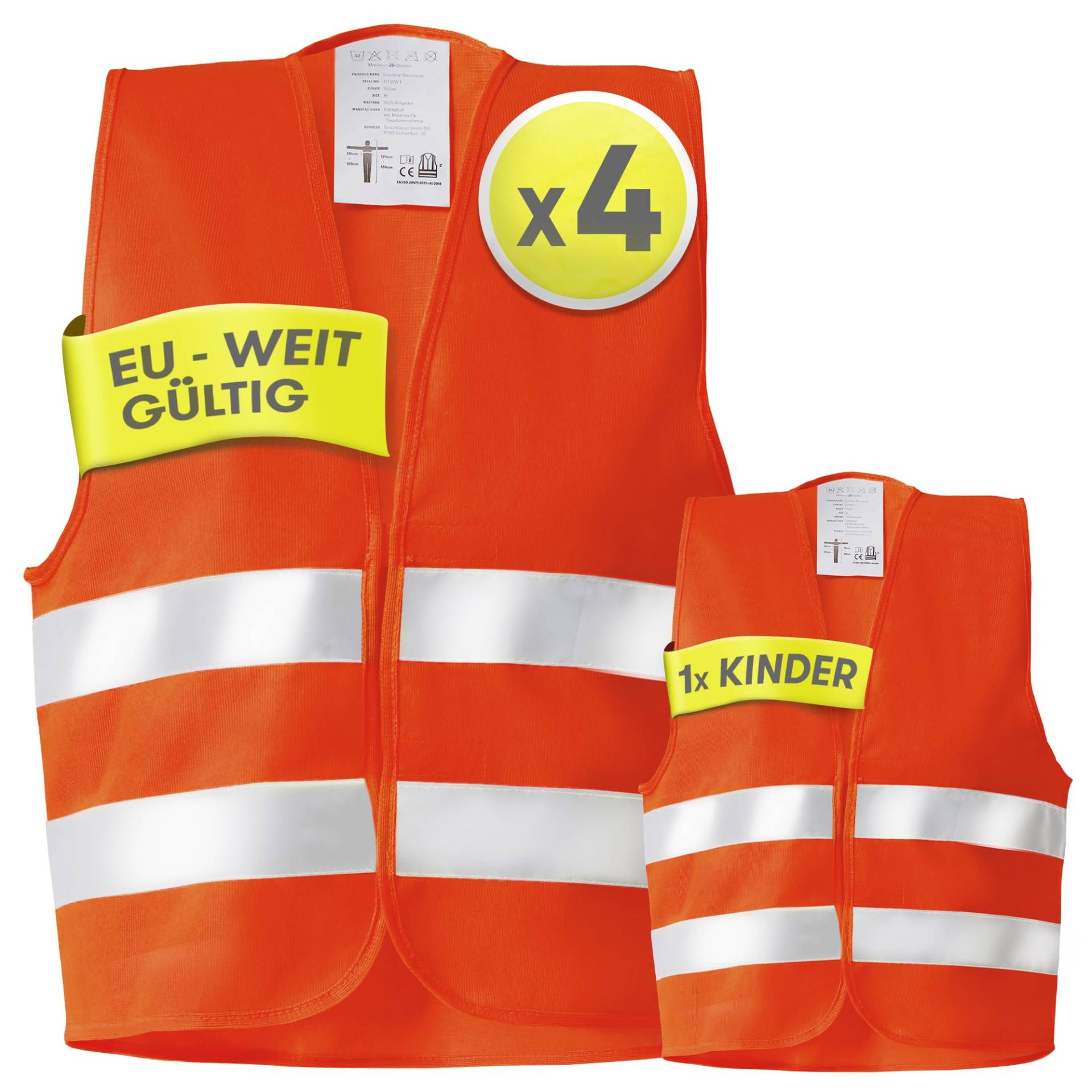 PURAHELP Warnwesten Auto 5er 4+1 Set Europaweit gültig nach EN ISO 20471 - Reflektierende Warnweste Auto inkl. Kinderweste - Sicherheitsweste Auto Warnweste Orange - Warnschutzweste Sicherheitswesten von PURAHELP