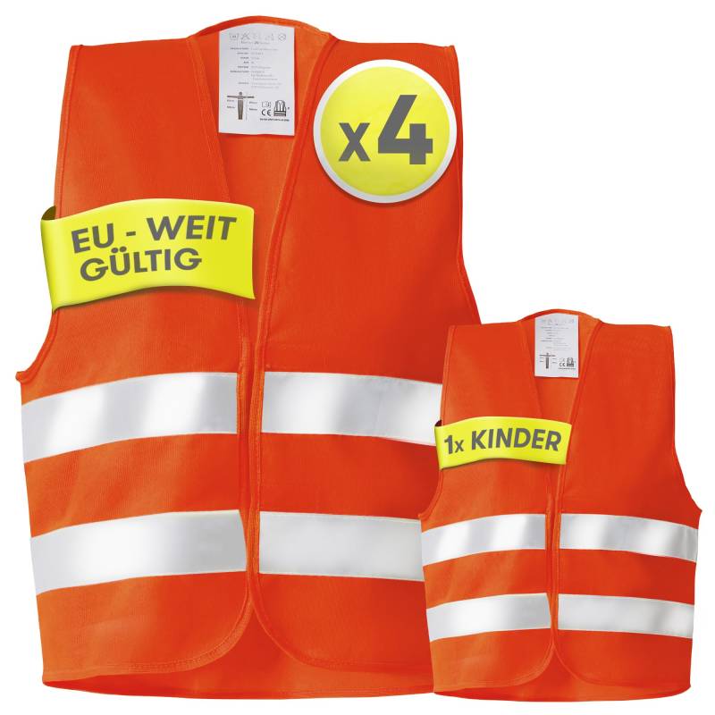 PURAHELP Warnwesten Auto 5er 4+1 Set Europaweit gültig nach EN ISO 20471 - Reflektierende Warnweste Auto inkl. Kinderweste - Sicherheitsweste Auto Warnweste Orange - Warnschutzweste Sicherheitswesten von PURAHELP