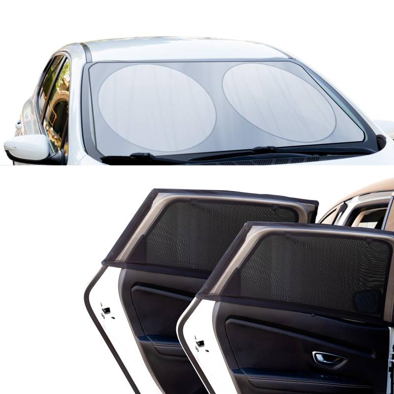 +PWR Car Parts Sommerpaket mit Autosonnenschirmen + seitlichen Autosonnenschirmen. Klappbarer Sonnenschirm vorne Silber 150 x 80 cm Plus 2 seitliche Autosonnenschirme von +PWR Car Parts