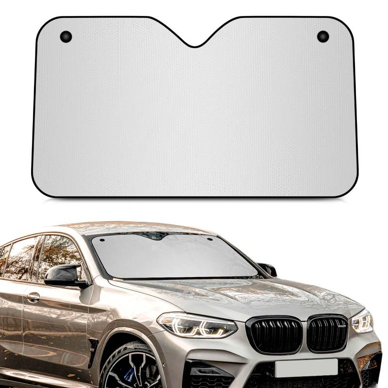 +PWR Car Parts Autosonnenschutz aus Aluminium, vorne, Silber, Größe L, 140 x 80 cm, mit Saugnäpfen. Schützt den Fahrzeuginnenraum vor Sonneneinstrahlung. Einfache und schnelle Installation. von +PWR Car Parts