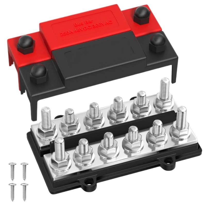 250A 12V Dual -Row -Leistungsverteilungsblock mit Dual -Bus -Stab und 12 Klemmenstufen Kompatibel mit Positive und Negative Verbindungen von PYASJRAV