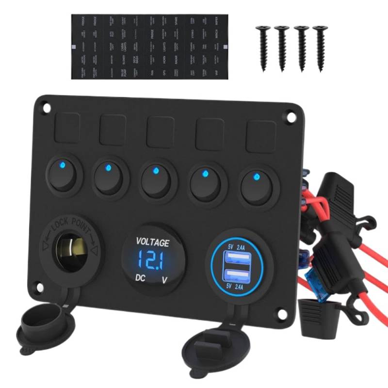 Wasserdicht 5 Bandenschalter Panel mit Dual -USB -Anschlüssen 2.4A 12 V Outlet und Digital Voltmeter Blue LED kompatibel mit verschiedenen Booten und Autos kompatibel von PYASJRAV