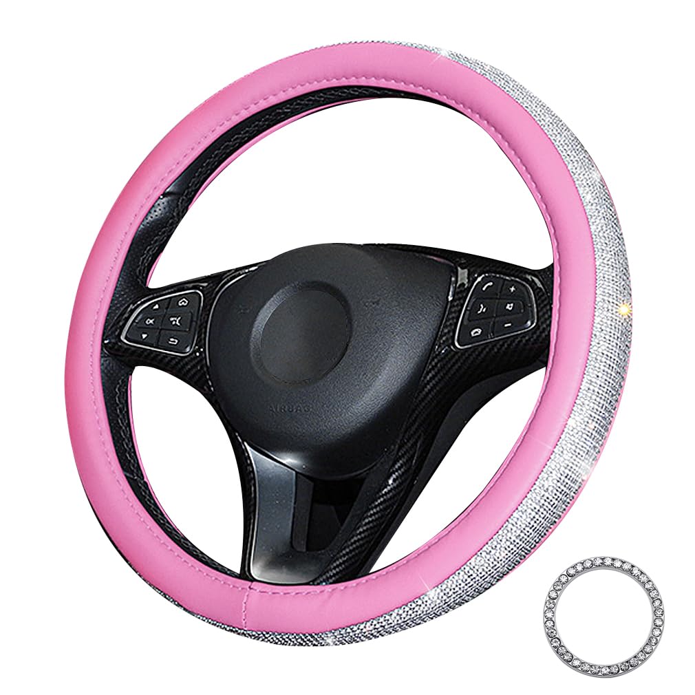 Pahajim Universal Crystal Lenkradbezug Glitzer Lenkradhülle mit Bling Bling Strass, Leder Glitter Lenkrad Abdeckung für Mädchen Damen-38cm (Pink-Weiß) von Pahajim