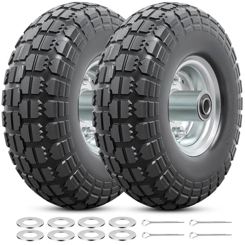 2PCS 4.10/3.50-4 Reifen und Rad(mit Schläuchen),Ersatz luftfreireifen, 4.10 3.50-4 Vollreifen Rad mit 5/8 Zoll Lagern,kompatibel Sackkarre, Schubkarre,Wagen, Gorilla Carts Reifen 4.10-4 3.50-4 |Silber von PaoWin